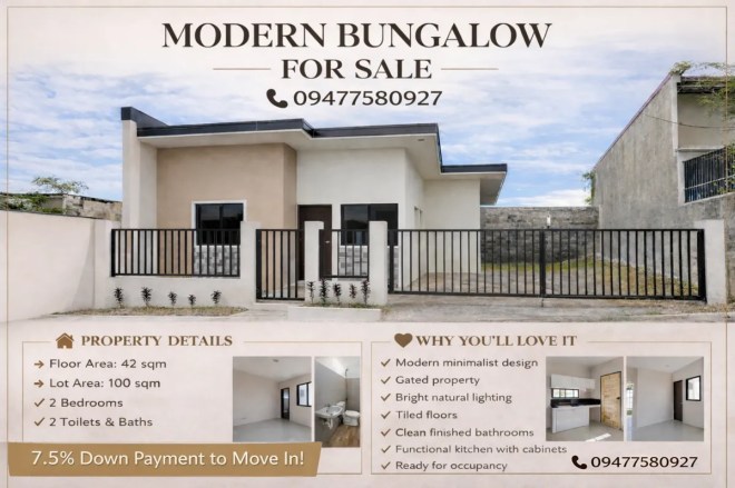 Modern bungalow house for sale in Buena Royale Subdivision Bacolod with 2 bedrooms and gated property