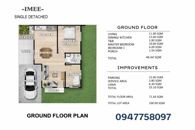 Akina Enclave Imee Model single detached ground floor plan with room dimensions, total floor area, lot area, and improvements.