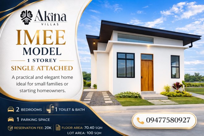 Akina Villas Imee Model single attached house for sale in Bacolod City with 2 bedrooms, 1 toilet and bath, parking space, and reservation fee details.