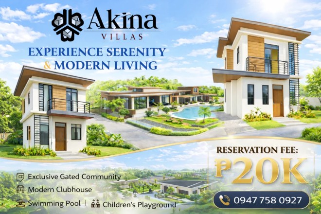 Akina Villas real estate promotional banner featuring modern homes, clubhouse amenities, swimming pool, children’s playground, and ₱20K reservation fee