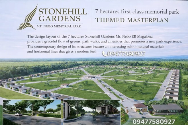 Stonehill Gardens Mt. Nebo Memorial Park masterplan in EB Magalona near Bacolod – modern landscaped memorial park with green lawns, pathways, and organized lawn lot sections.